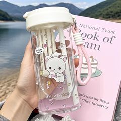 漫画クマの女の子プラスチックカップストローカップかわいい大容量高価値学生コーヒーカップポータブルロープダブルドリンクカップ
