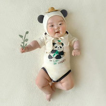 ikiibebe夏季新款婴儿熊猫造型衣三角爬包屁衣A类短袖哈衣连帽套