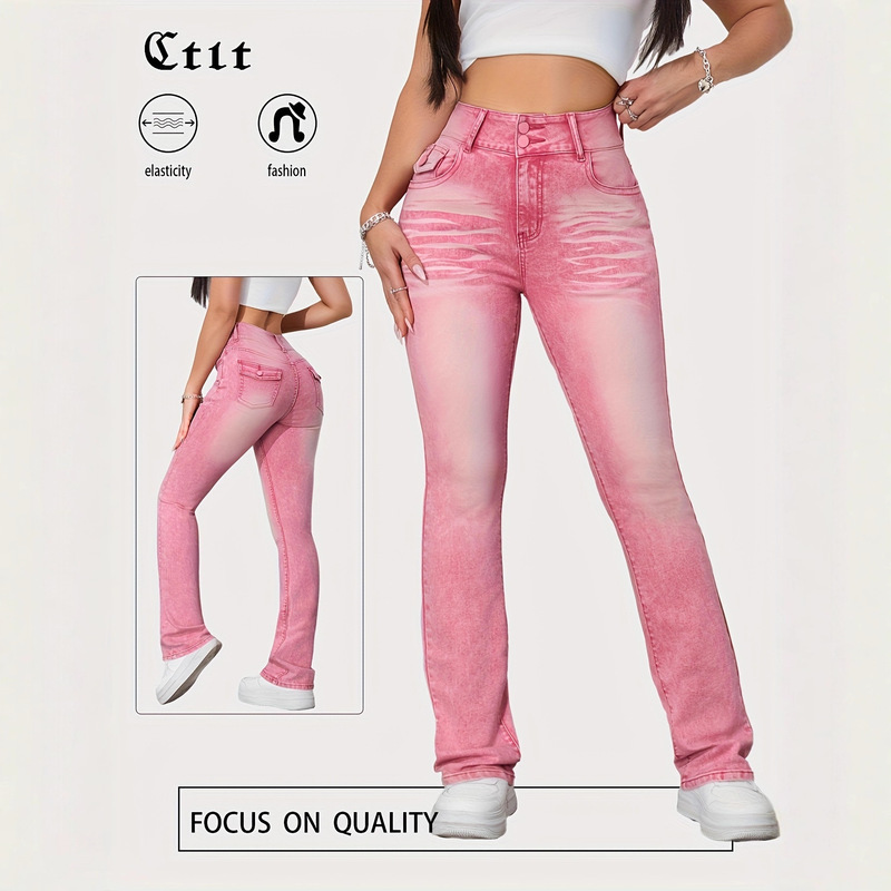 Slim Straight-Leg Pants, Slim Fit, Mid-High Stretch, Colorful Candy Pants, Pink Jeans for Women, Pink and Purple Pattern