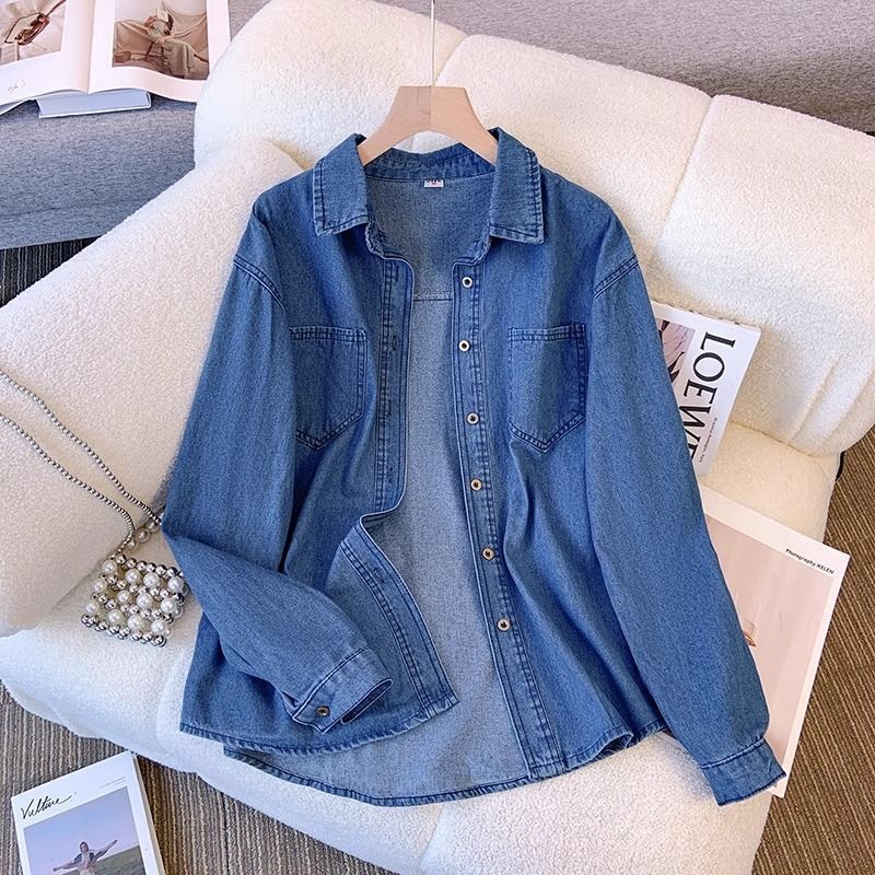 Age-Reducing and Elegant Denim Shirt for Women, Spring and Autumn New Large Size Shirt, Layered Top, Short Jacket