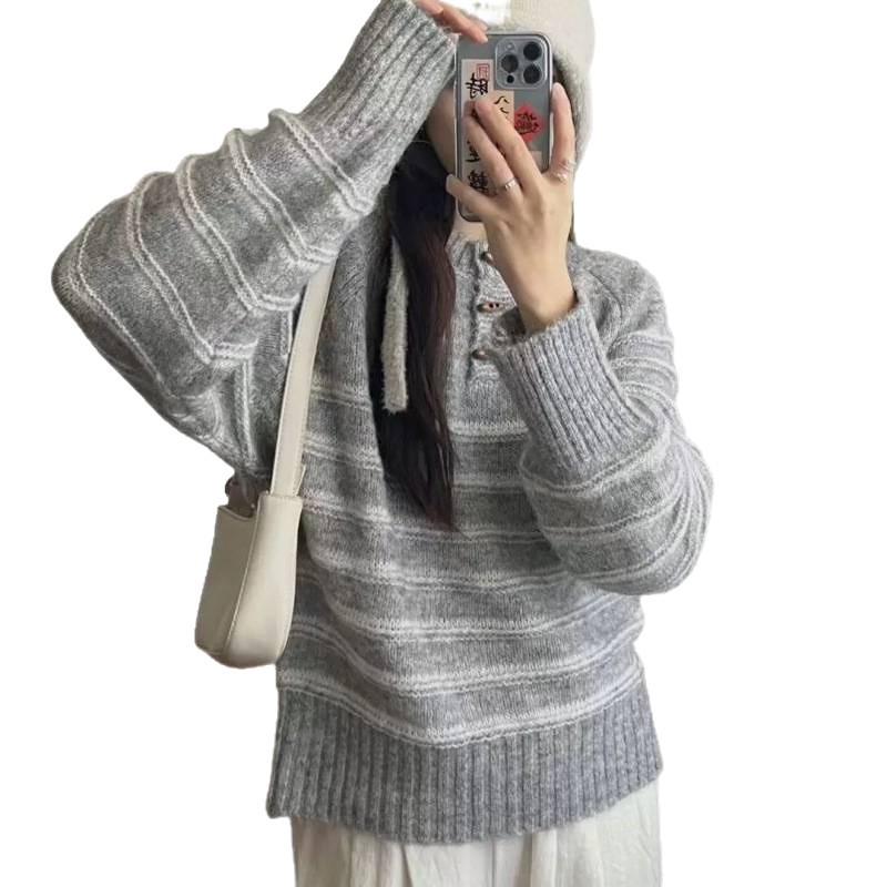 2025 transfronterizo coreano relajado suéter a rayas casual mujeres otoño y invierno temperamento retro manga larga chaqueta de punto