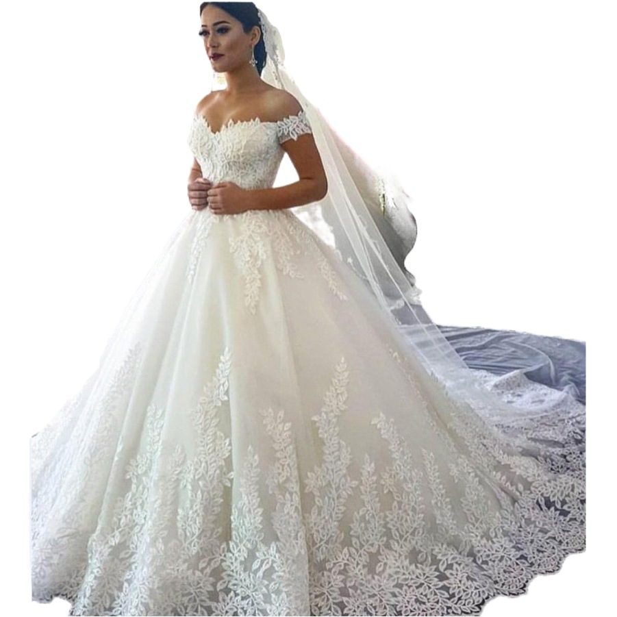 Vestidos de novia para comercio exterior, nueva colección de primavera 2026 de Amazon para Europa y América, vestido de tul abullonado con cola y hombros descubiertos, tallas grandes.