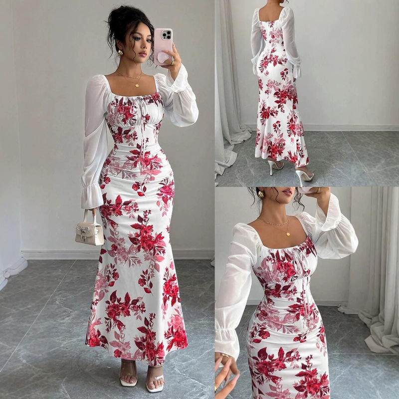 2026 European and American Cross-Border New Women's Elegant Pleated Waist Floral Flared Dress Sleeveless Flowing Dress 2026 European and American Cross-Border New Women's Elegant Pleated Waist Floral Flared Dress Sleeveless Flowing Dress