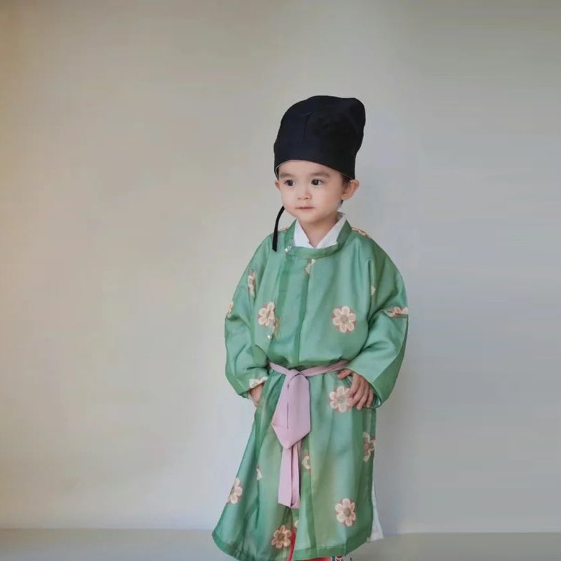 新款男童汉服中国风夏季新中式唐制古装圆领袍绿色双层薄款演出服|undefined