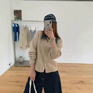 牛仔翻领假两件针织开衫女2026秋冬韩系麻花毛衣百搭显瘦长袖上衣