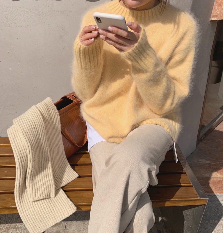 韩版秋冬新款炸街小众圆领毛衣女薄荷绿海马毛温柔针织衫外穿上衣|undefined