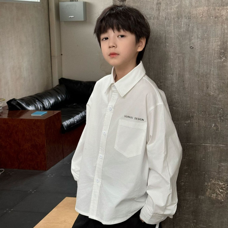 2026 Spring Collection Children's White Shirt for Boys, Korean Style Printed Long Sleeve Shirt, Fashionable and Stylish Spring and Autumn Top for Older Kids