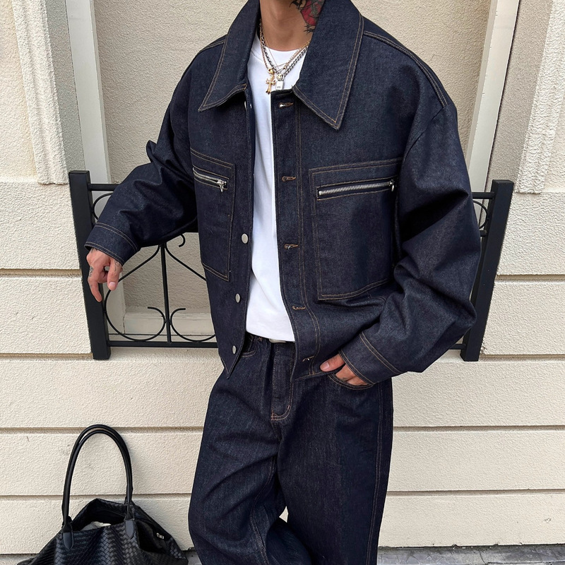 American retro denim-colored high-end double-pocket denim jacket, unisex loose-fitting versatile jeans jacket set American retro denim-colored high-end double-pocket denim jacket, unisex loose-fitting versatile jeans jacket set