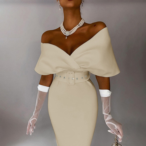 Elegant European and American Women's Autumn New Style Off-the-Shoulder High-Waist Belted Dress