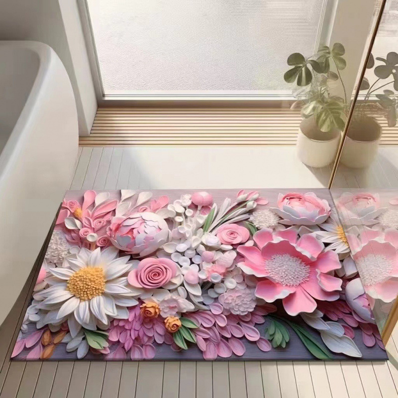 3D bloemenmotief met diatomeeënaarde, moderne, lichte, luxe badkamermat, waterabsorberend, sneldrogend, antislip en wasbaar._voghion.com
