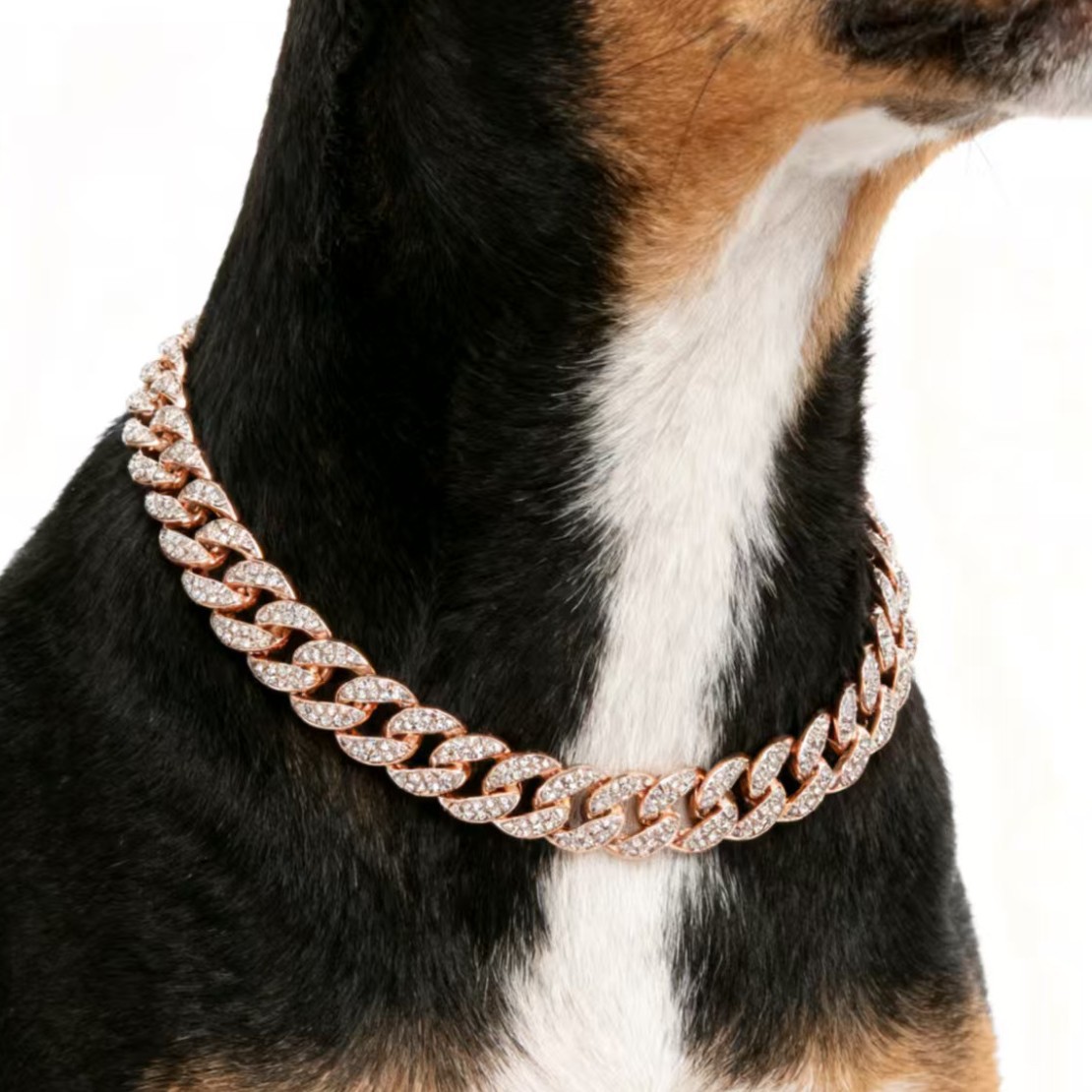 Collar para mascotas Aleación con incrustaciones de diamantes de imitación 15mm Collar de hebilla de cadena cubana para gatos grandes, medianos y pequeños Collar de collar de perro