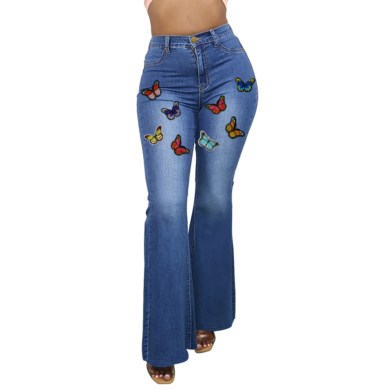 Plus Size Elastic High Waist Embroidery Painting Bootcut Jeans NSWL112437