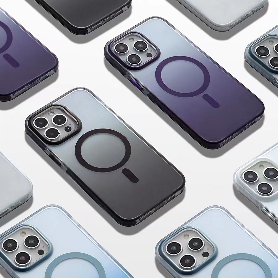 Funda para teléfono móvil semitransparente degradado iPhone15promax Apple 16 micro-esmerilado magnético estuche duro airbag de dos colores