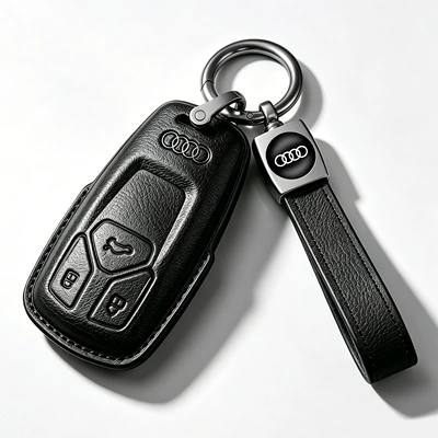 Audi A4L car key Car key bag - model-a-black-leather-case-elastic-loop-leather-cord-key-holder