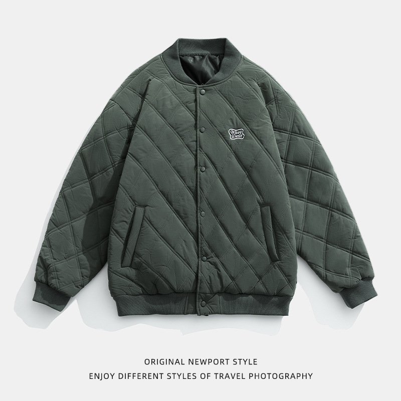 2023 Otoño e Invierno nueva marca de moda suelta rombo Plaid abrigo de algodón acolchado Abrigo de algodón acolchado coreano serie de etiqueta azul de carretera