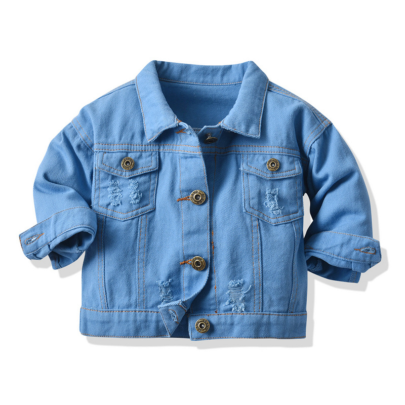 Nuevos productos de primavera ropa de mezclilla Europa y América 2025 chaqueta de mezclilla teñida anudada para niños chaqueta de agujero neutral retro kids