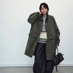 十三行R13新品撞色拼接皮领长款工装风衣外套广州女装25AW