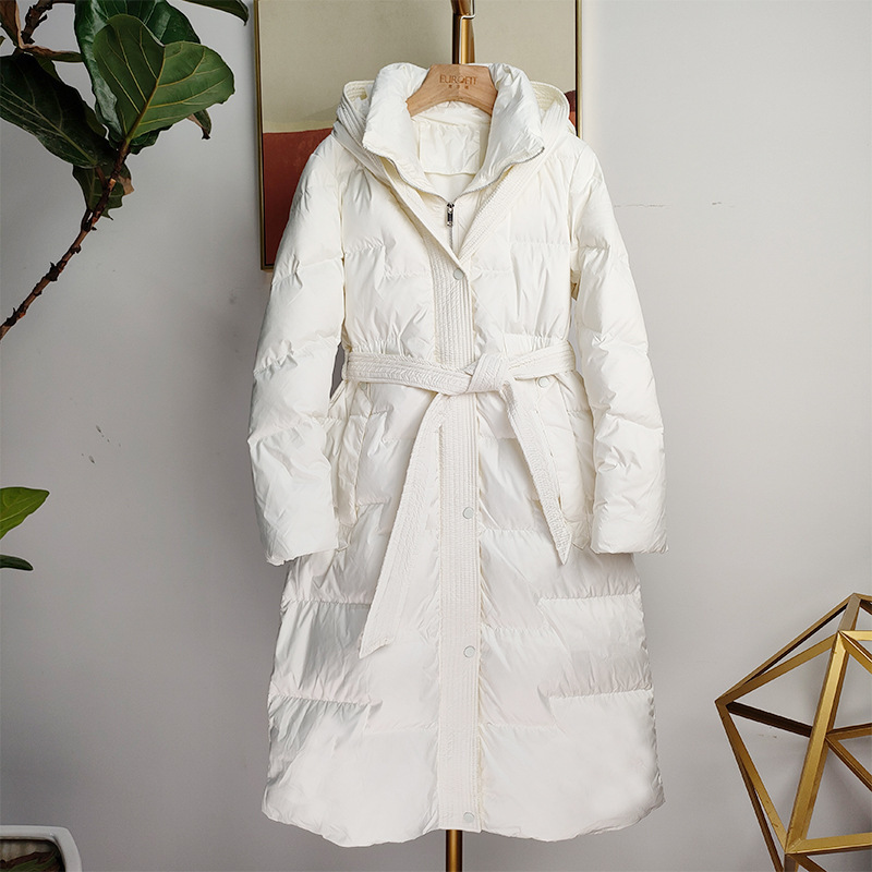 Thickened Waist-Cinching Long down Jacket 2024 Women's Slim-Fit Belted Coat, Cold-Proof Korean Style White Duck down