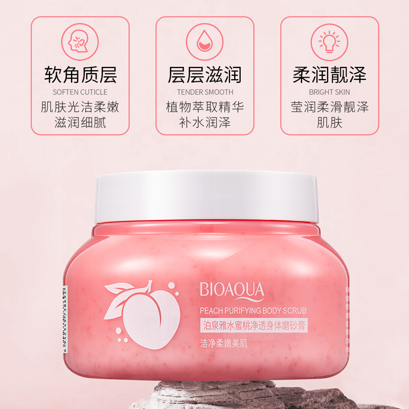 Exfoliante corporal purificador de melocotón Boquanya: limpia profundamente, elimina las células muertas de la piel y mejora la apariencia de la piel.