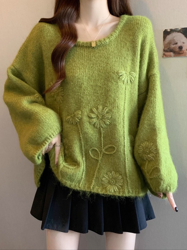 重工立体花朵刺绣套头毛衣女2025秋冬新款韩版宽松休闲针织上衣厚|undefined