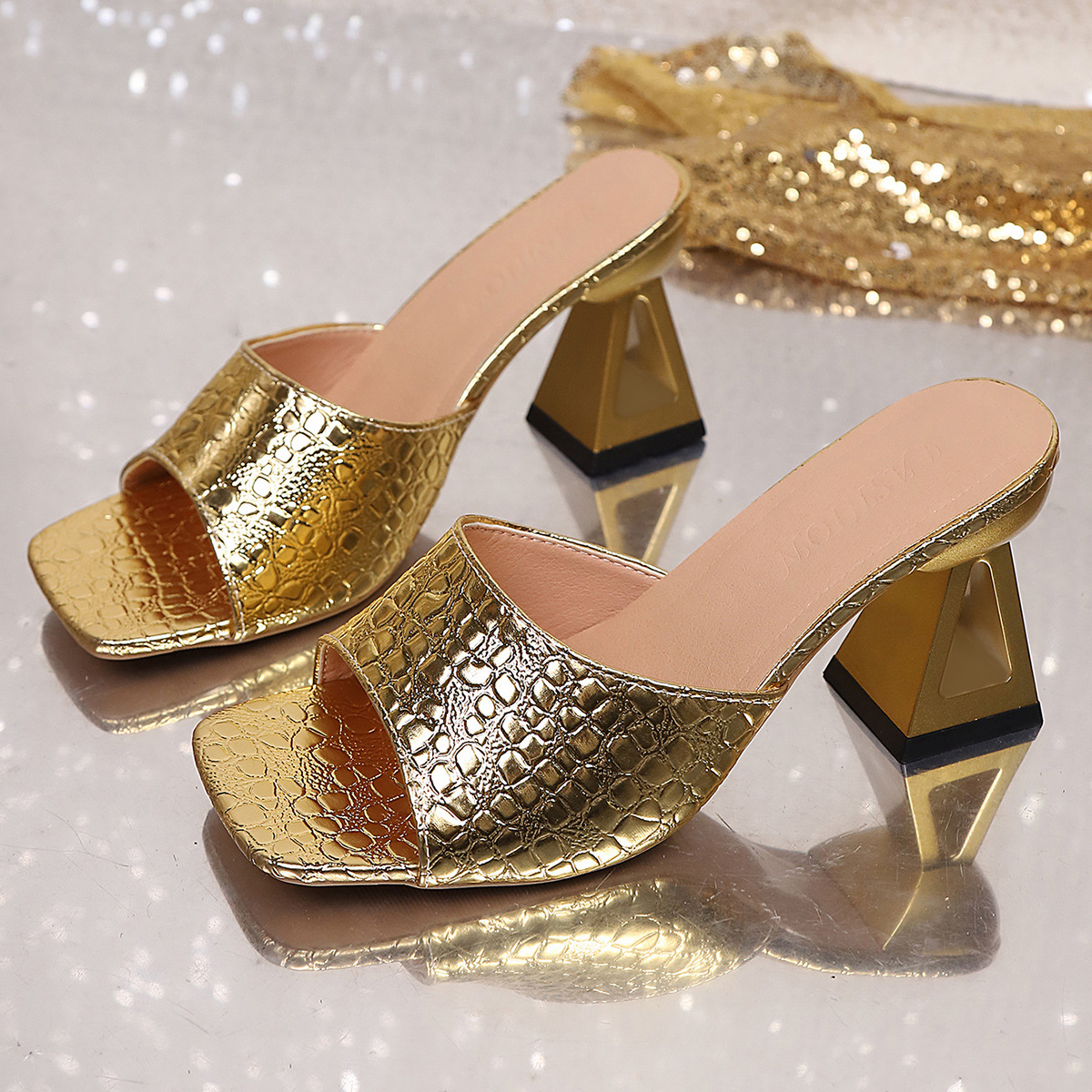Women's Square Toe High Heel Slippers With Stone Pattern Casual_voghion.com