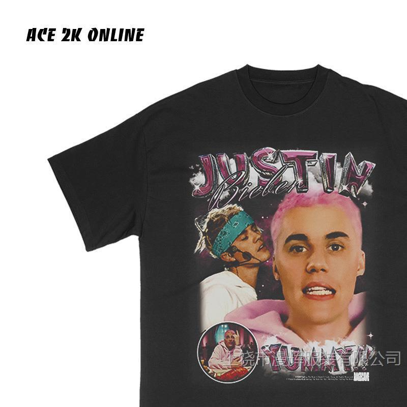HKGN Justin Bieber Retro American Casual Fashion Brand Summer Super Fire Port Fashion Brand Instagram Short-sleeved T-shirt for Men