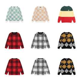 跨境正确版驴家25新款秋冬棋盘格满印时尚休闲宽松圆领毛衣男女潮