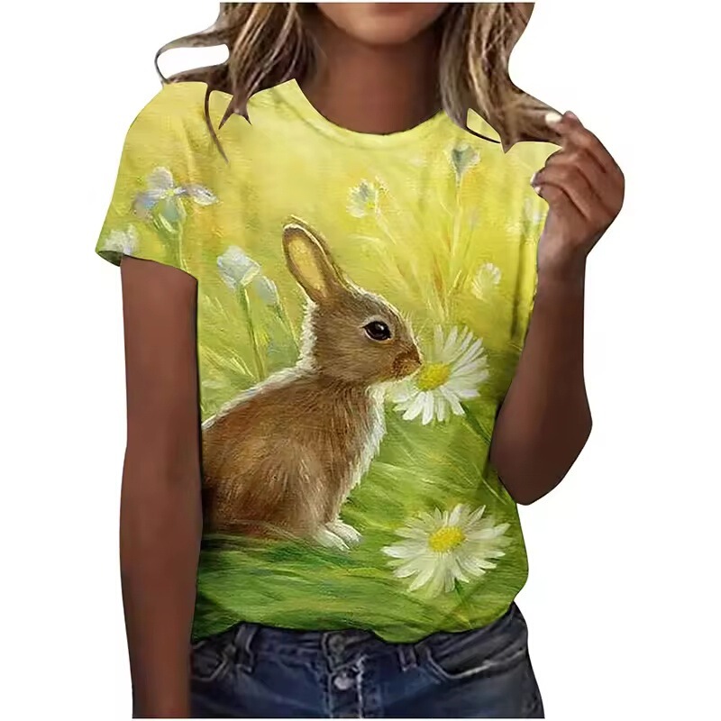 Temu Y2 Happy Easter Bunny 3D Printed T-Shirt Women's Round Neck Short Sleeve T-Shirt Y2K Harajuku