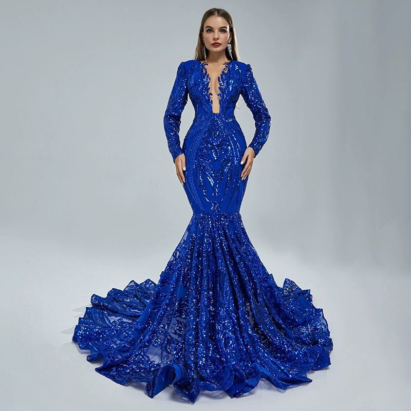 European and American foreign trade temperament party V-neck sequins banquet bag hip fishtail evening dress sapphire blue dress wholesale