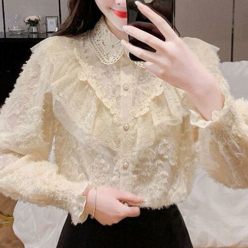 Women's Autumn/Winter New Fashion Court Style Collared Shirt, Uncommon Long-Sleeve Padded Lace Top