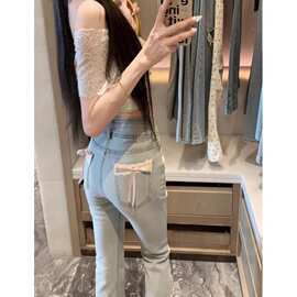蝴蝶结微喇叭牛仔裤女夏季蓝色紧身包臀马蹄裤子高腰显瘦拖地长裤