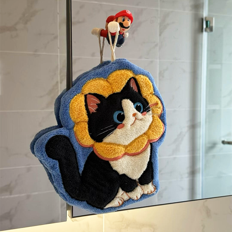 Cute Cat Hand Towel Hanging Absorbent Thickened Towel Handkerchief Non-Stinky Coral Velvet Kitchen Bathroom