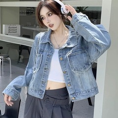 春秋新款毛边宽松牛仔外套复古做旧休闲小个子港风短款夹克上衣女