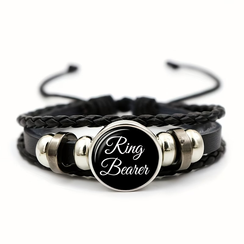 Black Faux Leather Men's Bracelet with a Black Circular Tag with White Handwritten Text Ringbear