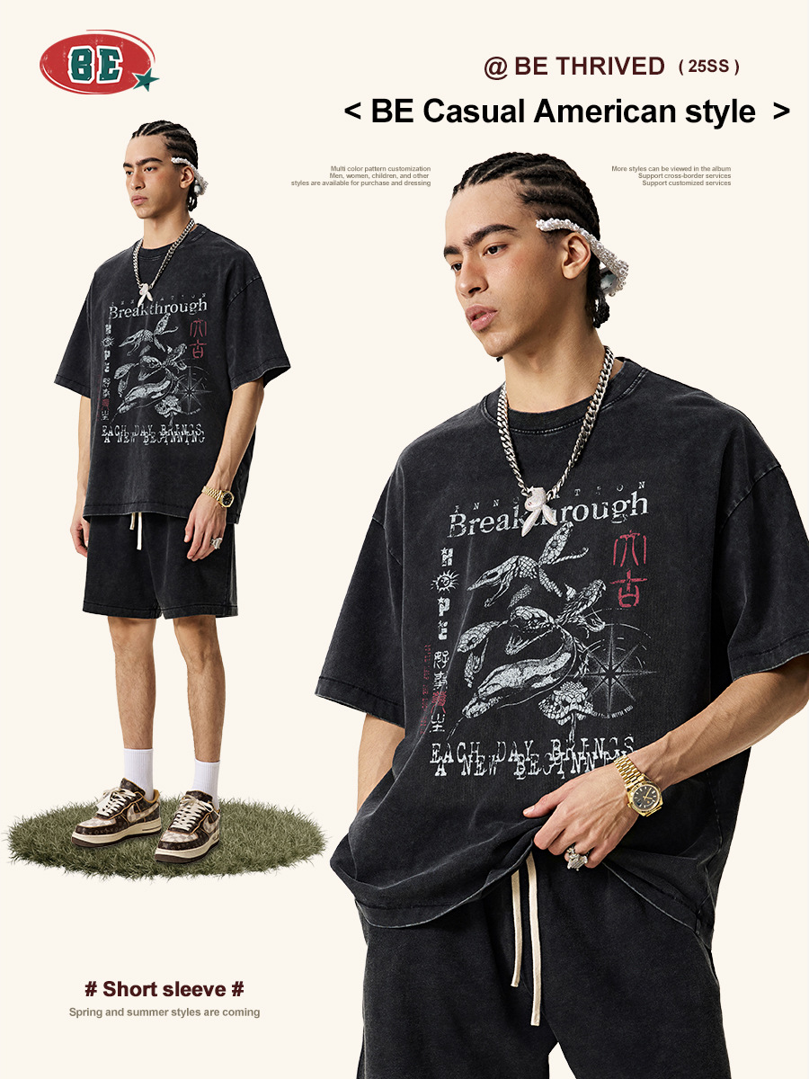 Ropa para Hombre BE | Camiseta de Verano 2025 con Estampado Envolvente del Año de la Serpiente, Estilo Oscuro, Lavada, de Manga Corta, para Hombre, Moderna, Retro, Lavada, de Marca Moderna