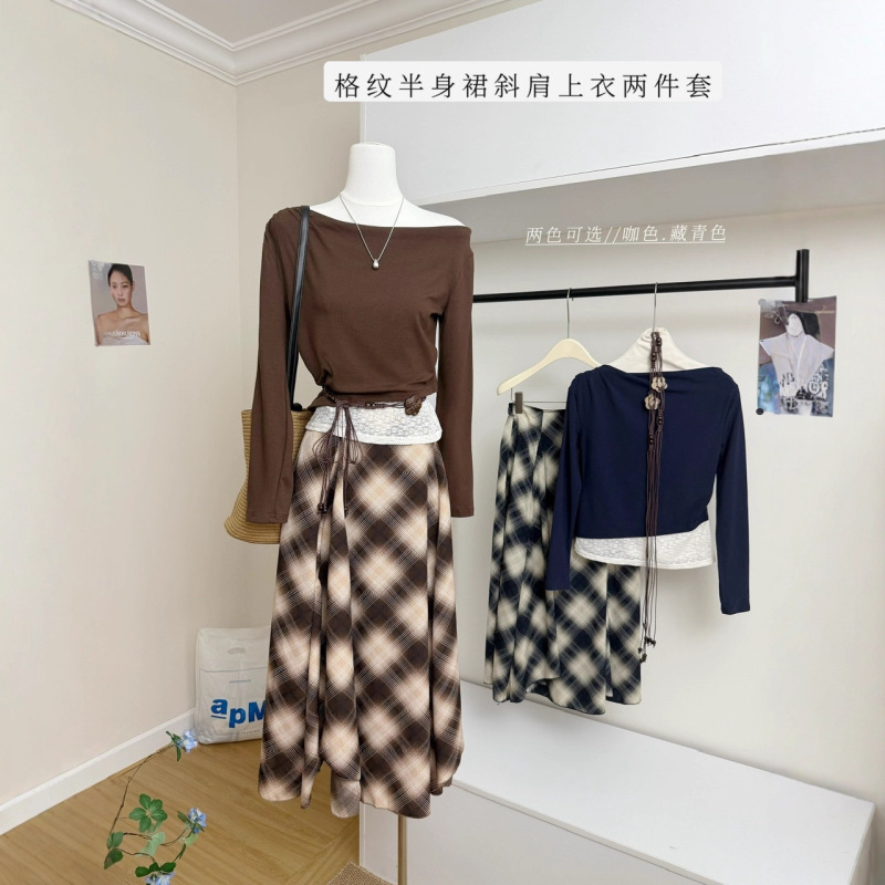2025新款 穿搭一整套女秋季感漂亮格纹半身裙斜肩上衣长袖两件套|undefined