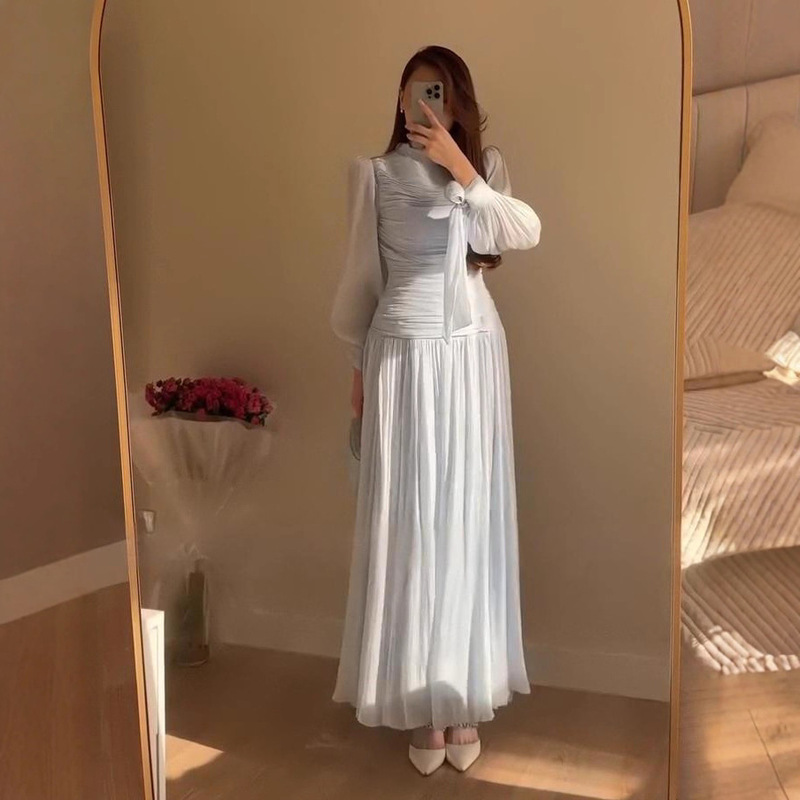 跨境欧美外贸女装2025秋季新款褶皱长袖裙收腰法式冷淡淑女连衣裙|undefined