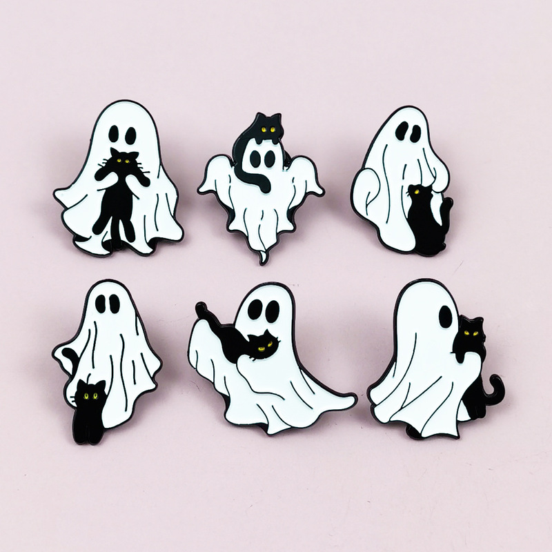 Cross-Border Creative Black Cat and Ghost Brooch Halloween Punk Style Alloy Badge Versatile Clothing Bag Accessories