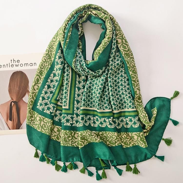 Nuevo comercio exterior retro algodón y lino sensación bufanda totem marco borde hojas larga borla bufanda otoño e invierno cálido chal