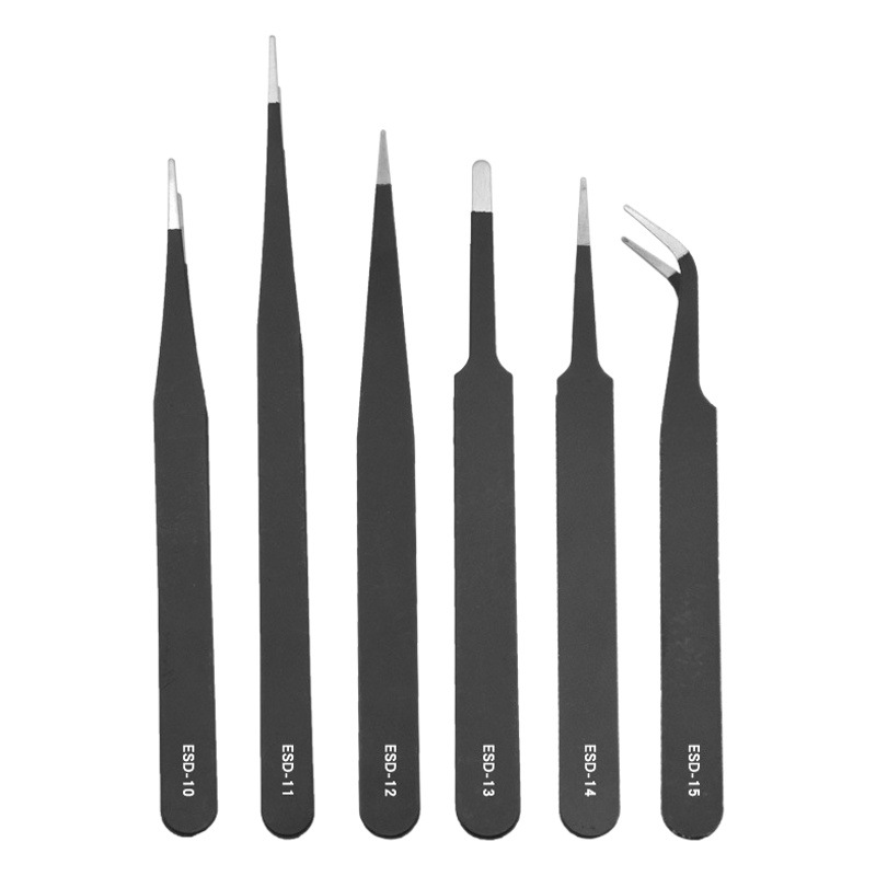 Pinzas de 6 piezas Traje de acero inoxidable de 6 piezas ESD codo puntiagudo negro herramienta de reparación de desmontaje pegatina de uñas clip de taladro