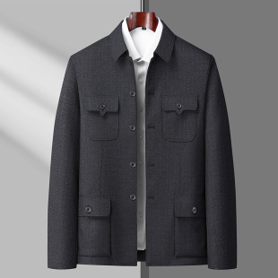 Middle-aged and elderly men's solid color Chinese style multi-pocket coat with lapel for grandpa spring and autumn coat for dad Chinese tunic suit