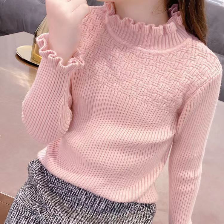 Girls' Base Sweater Autumn and Winter Thickened Half-turtleneck Turtleneck Baby Girl's Sweater Western-style Wood-ear Long-sleeved Top Girls' Base Sweater Autumn and Winter Thickened Half-turtleneck Turtleneck Baby Girl's Sweater Western-style Wood-ear Long-sleeved Top