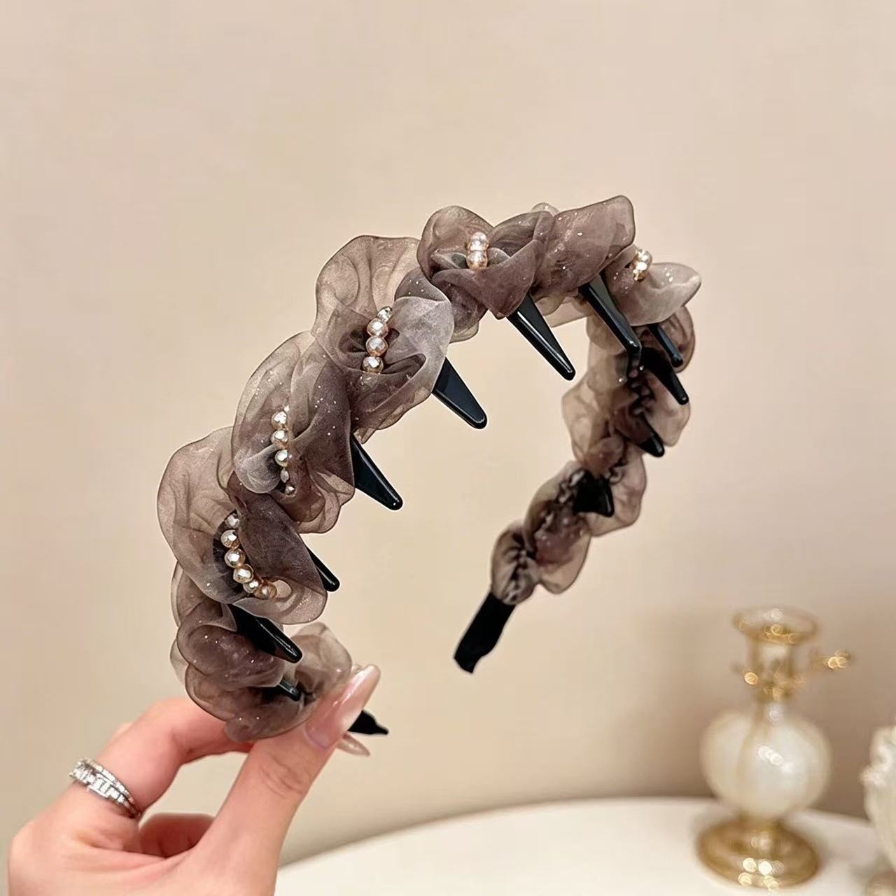 Bosque de niebla suave malla de acero teñido cuentas alto cráneo correa de cabello completo acabado de cabello roto fuera de la correa de cabello de presión