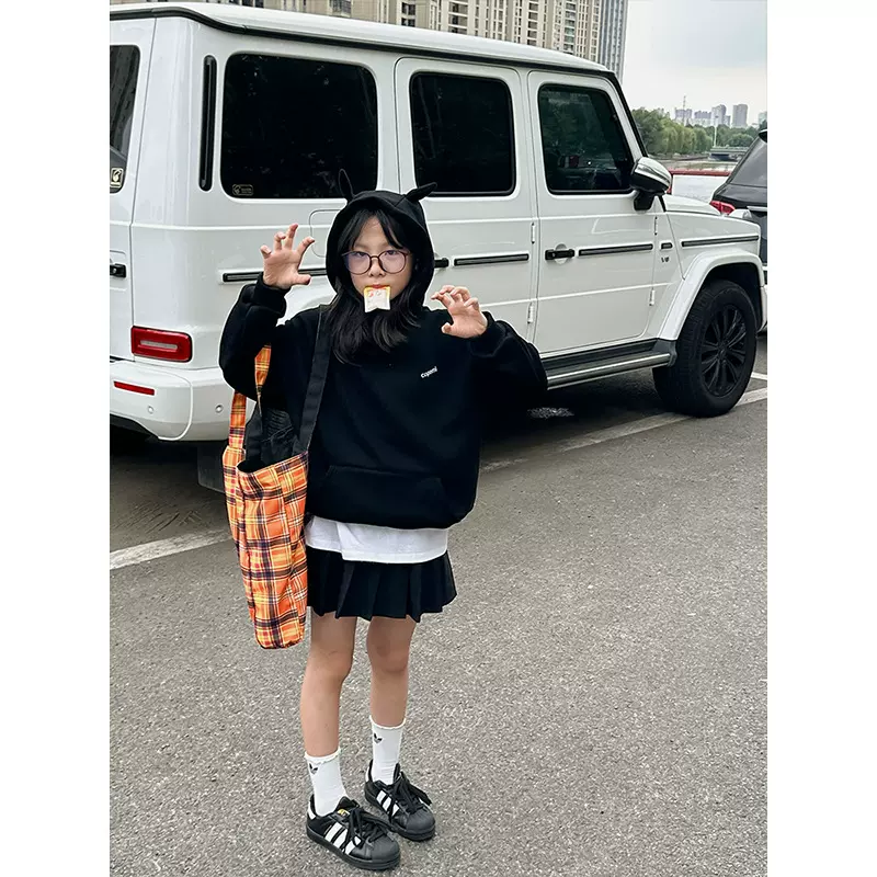 小恶魔连帽儿童卫衣2025秋冬季款女童中大童宽松加绒休闲上衣外套