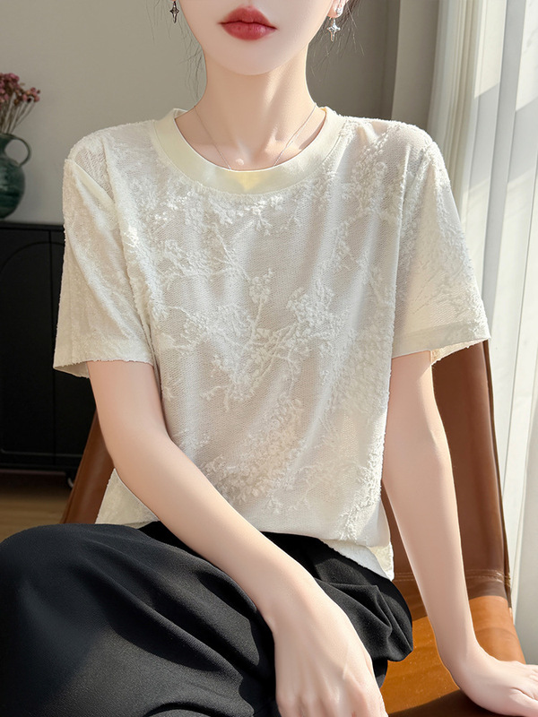 Old Money Style Chinese-Style Shoulder-Length Blazer with Jacquard Short-Sleeve T-Shirt for Women, Off-White Round-Neck Slim-Fit Top
