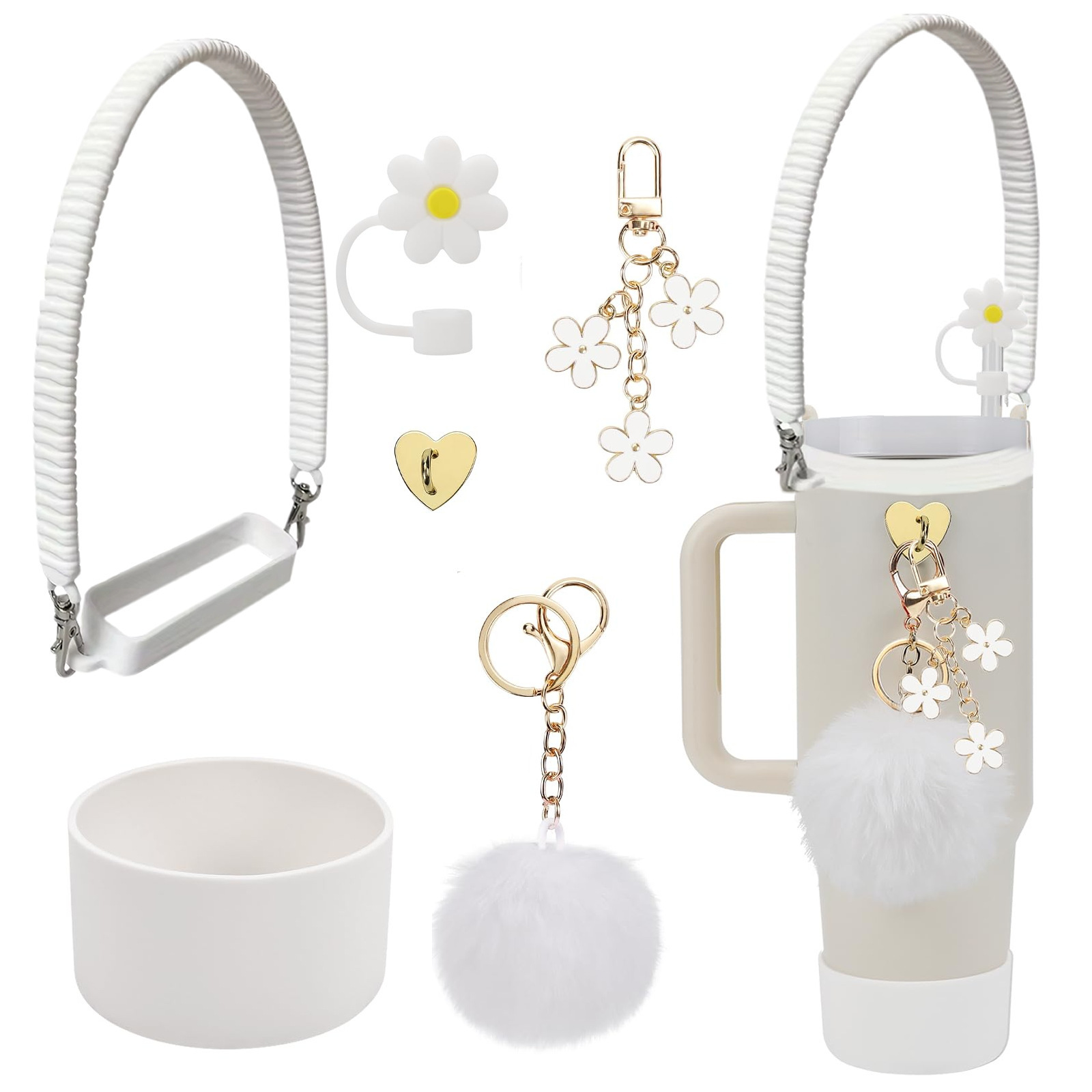 7pcs taza Stanley cuerda de mano colgante de silicona flor tapa de pajita bola de felpa colgante de copa cadena de taza de color