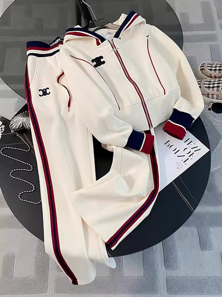 ハイエンドのレジャースポーツスーツの女性の春の2024の新型の流行のヨーロッパの商品は帽子のガードルのストレートなズボンの2つのセットをつないでいます。