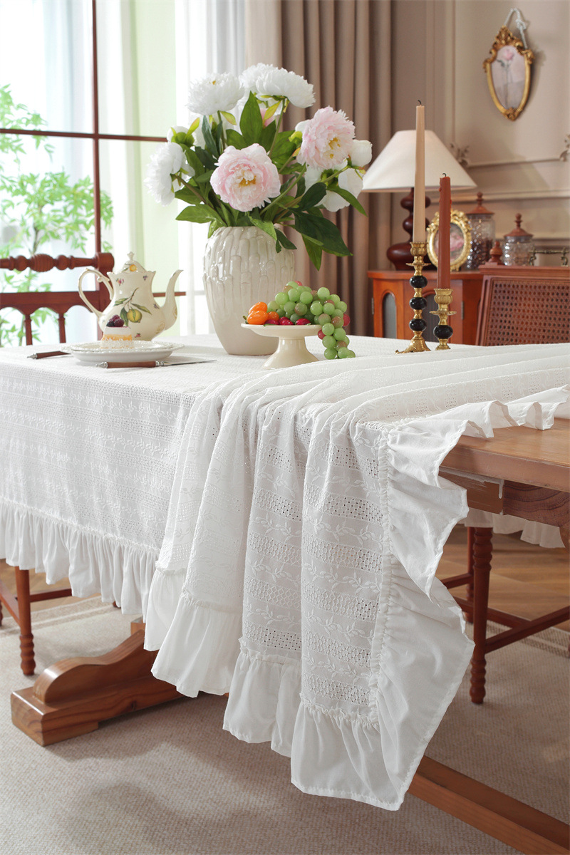 White Embroidered Floral Cotton Tea Tablecloth With Ruffle Hem_voghion.com
