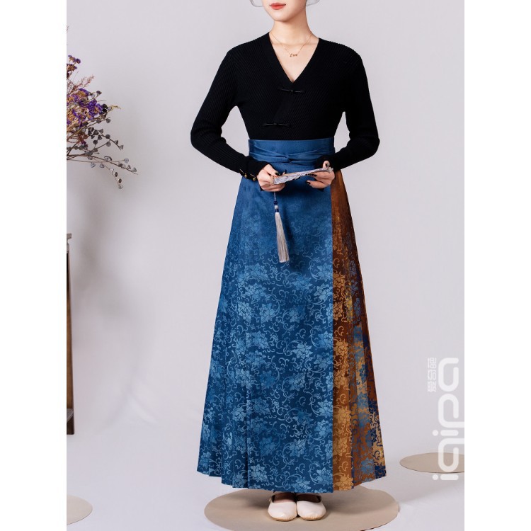 iqipa Amber Peony New Chinese Style Horsehair Skirt for Women, Elegant and Luxurious Chinese Dress Hanfu Half Skirt
