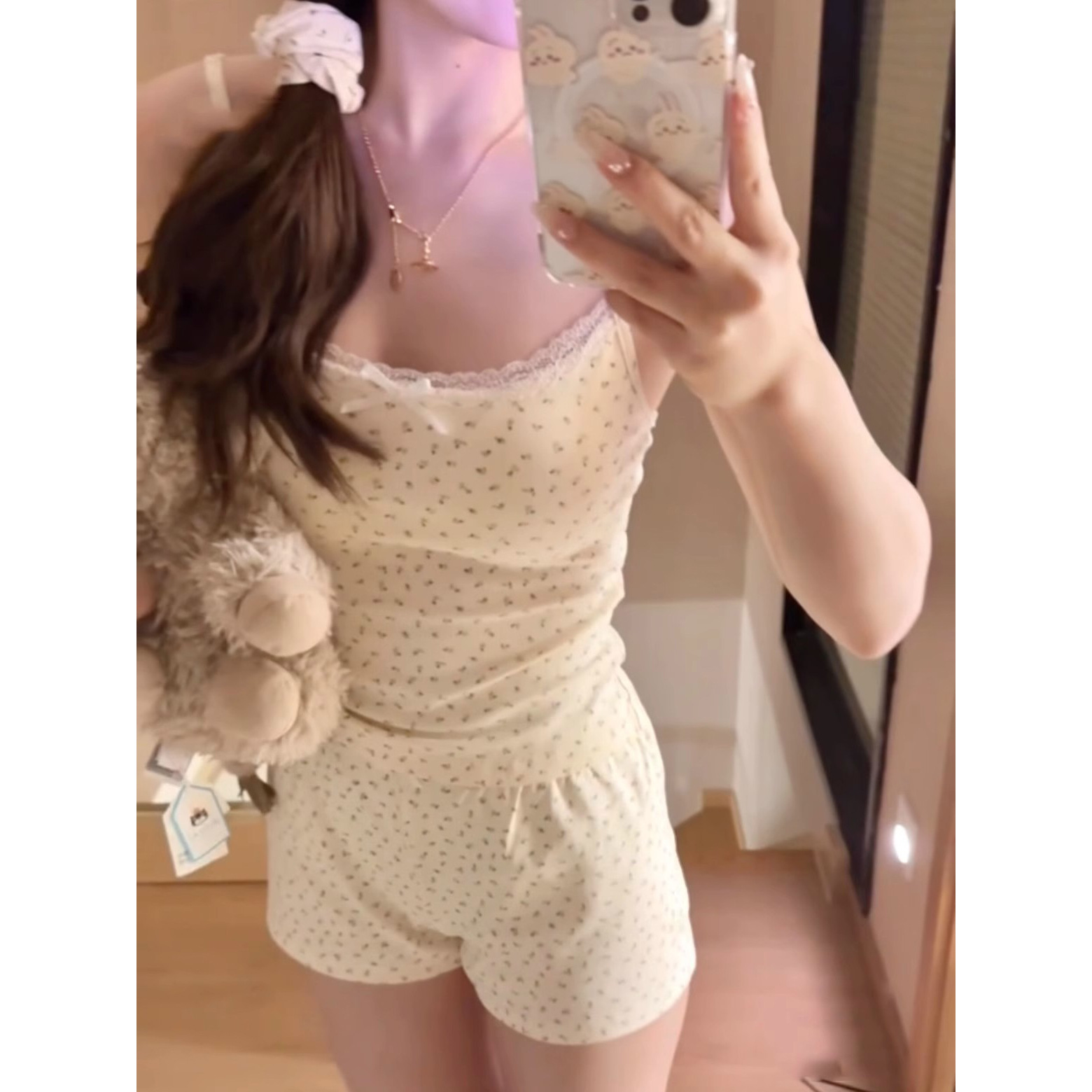 Pure Lust Style Floral Pajamas for Women Summer Sexy Suspender Suit Foreign Trade Cross-Border Home Clothes with Breast Pads Summer Sweet